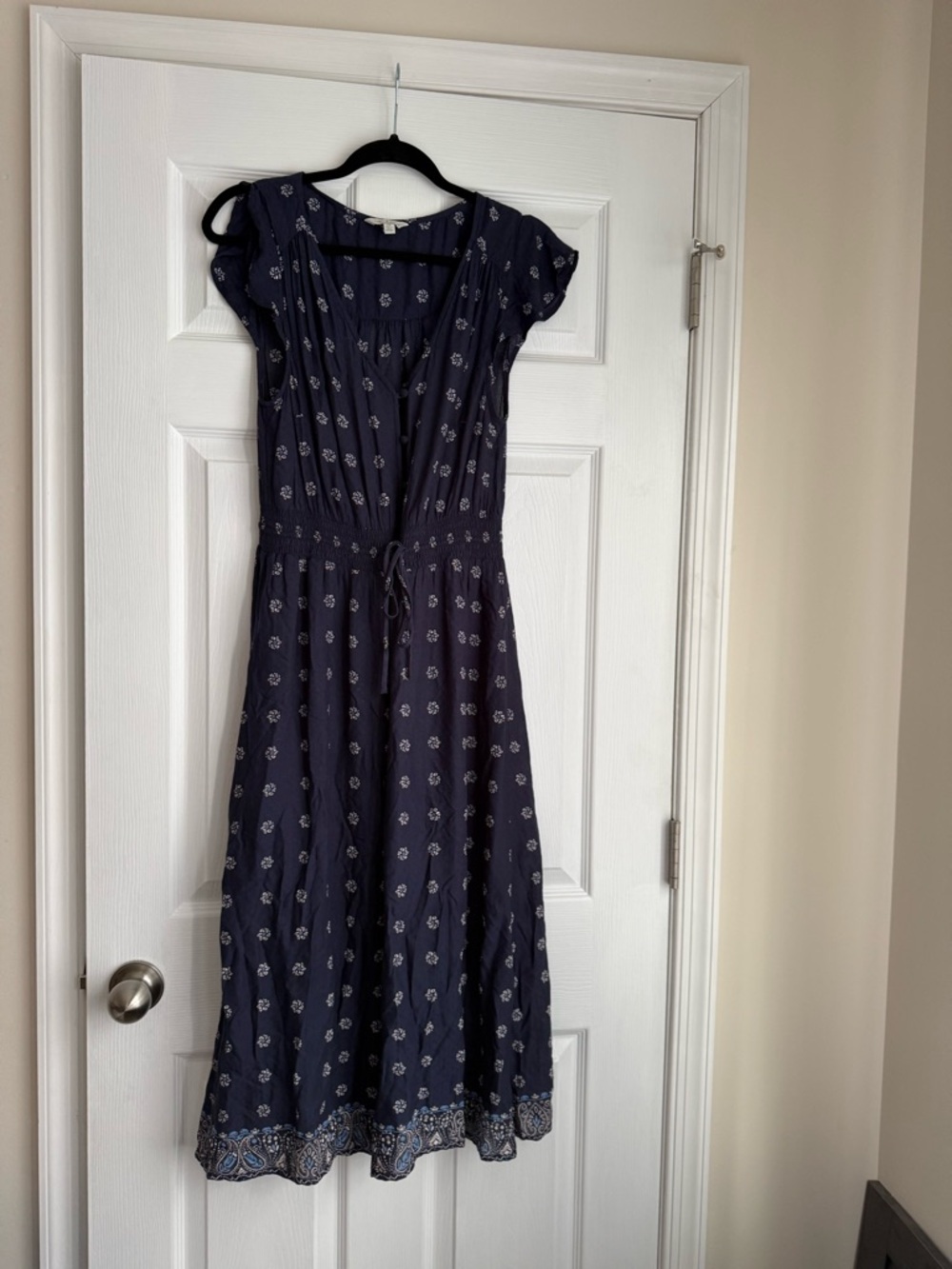 Lucky Brand Navy Printed Midi Dress with Tie Waist